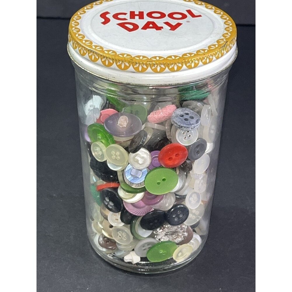 RARE School Day Glass Peanut Butter Jar W/ Vintage Buttons Over 1 Pound